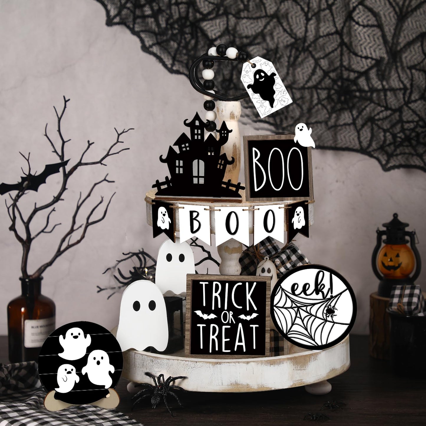 Umigy 15 Pcs Halloween Tiered Tray Decor Set Cute Ghost Tray Decorations Boo Halloween Wooden Signs Farmhouse Rustic Decoration for Home Table Party Supplies(Ghost)