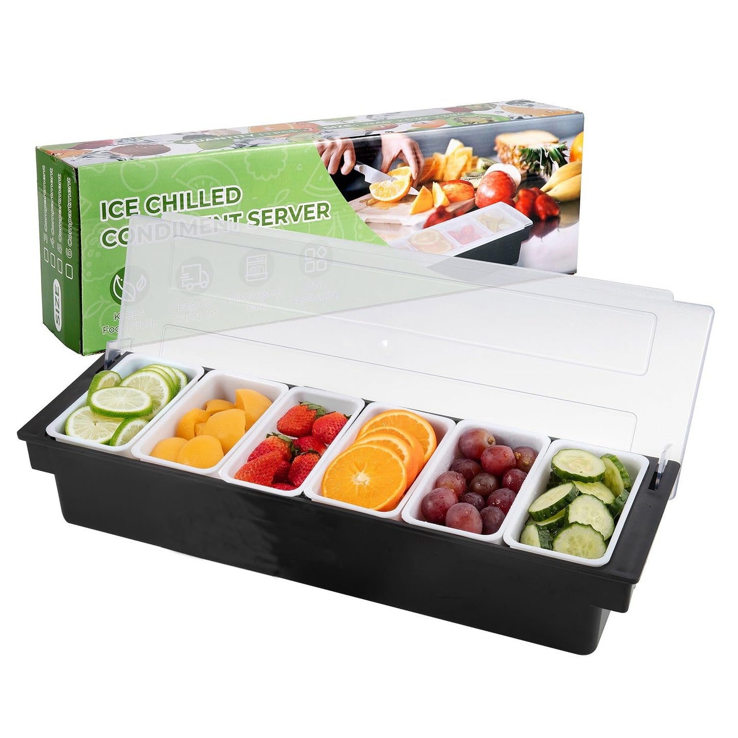 WICHEMI Fruit, Veggie & Condiment Caddy with Lid Dispenser Tray Plastic Garnish Station for Bartending & Serving Taco, Ice Cream, Salad Bar - Topping Organizer for Restaurant Supplies (6 Compartment)
