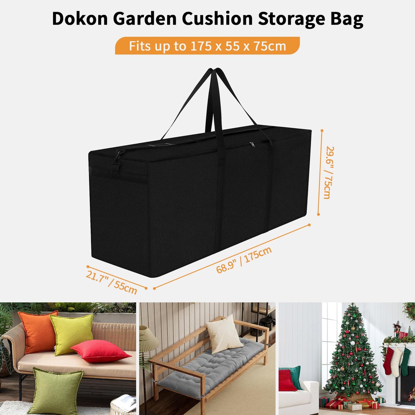 Dokon Garden Furniture Cushion Storage Bag Waterproof Christmas Tree Storage Bag Anti-UV Heavy Duty Oxford Fabric Outdoor Cushion Bags with Durable Handle and Zipper (175x55x75cm) - Black