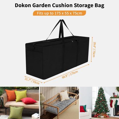 Dokon Garden Furniture Cushion Storage Bag Waterproof Christmas Tree Storage Bag Anti-UV Heavy Duty Oxford Fabric Outdoor Cushion Bags with Durable Handle and Zipper (175x55x75cm) - Black