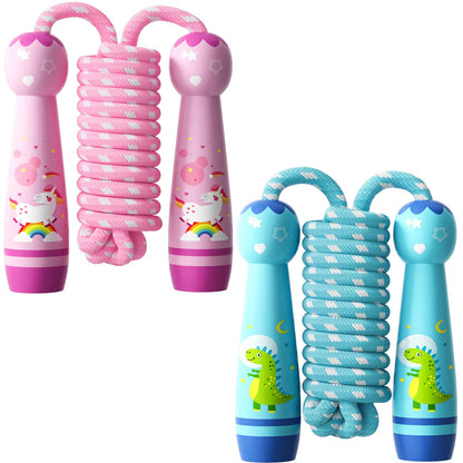 Jump Rope for Kids-Adjustable Cotton Braided Skipping Rope with Wooden Handle for Toddler Fitness Workout Exercise Outdoor Activity