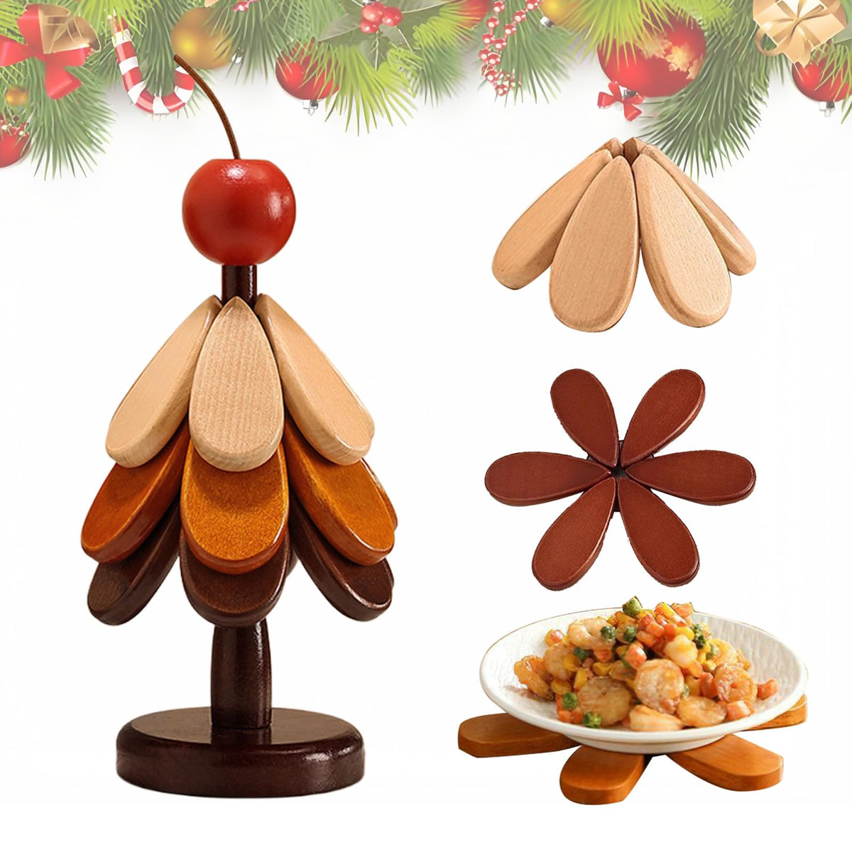 4 Pcs Wooden Trivets for Hot Dishes with Storage Stored, 7.8" Foldable Christmas Tree Shaped Trivets Set, Heat Resistant Hot Pads for Hot Pots Bowl Teapot, Kitchen Decor for Quartz Counter (Apple)