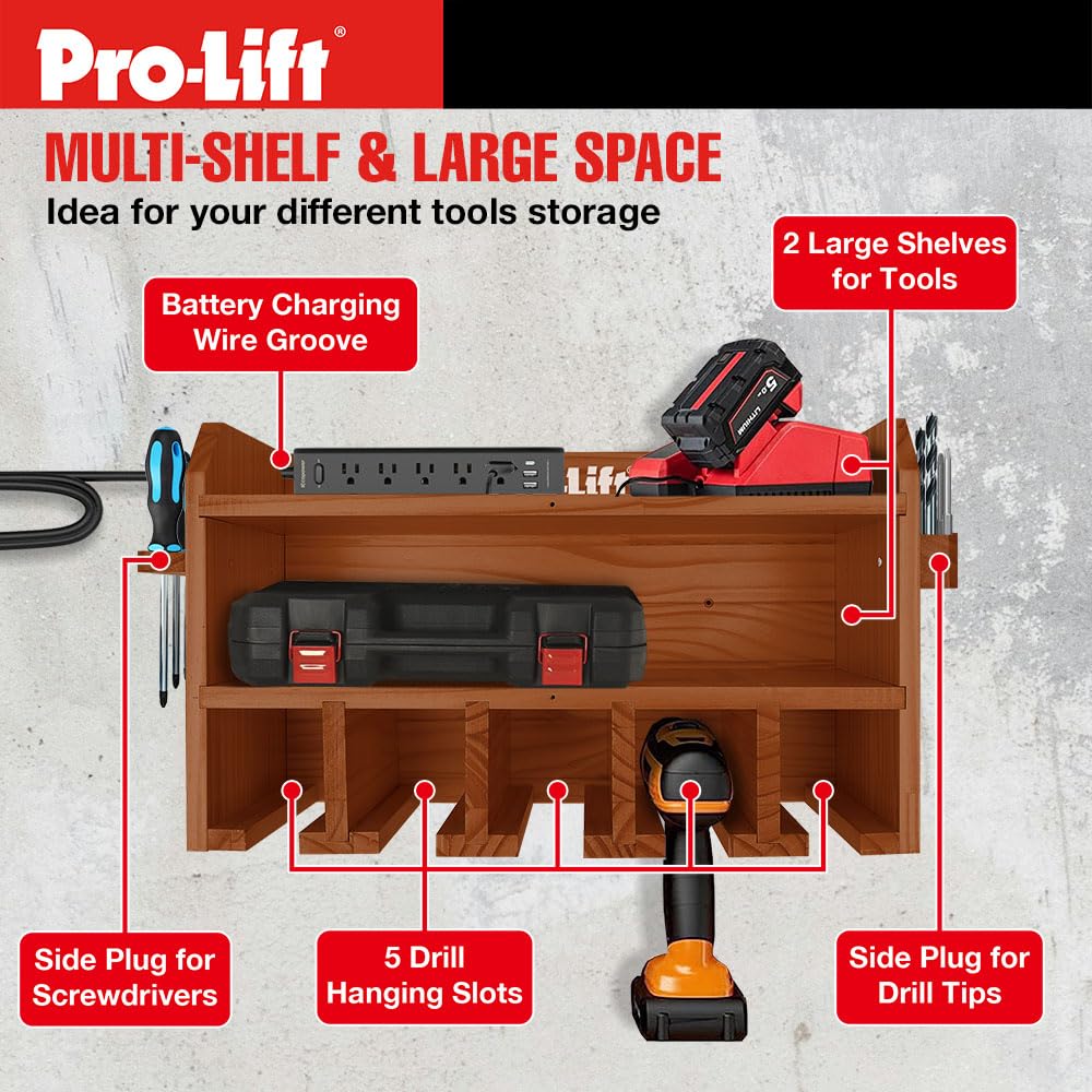 Pro Lift Cordless Drill Organizer – wall mount power tool storage rack, 5 hanging slots, wooden M-003W2