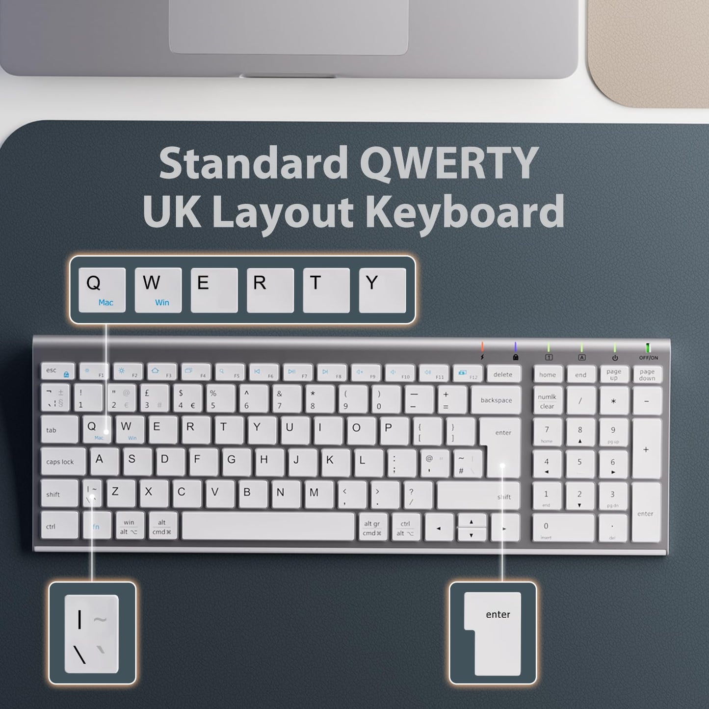 iClever GK03 Wireless Keyboard & Mouse Combo for Mac & Windows, 2.4G Rechargeable Wireless Keyboard Mouse, Silent Keys, Full Size, Portable Slim Ergonomic Design, QWERTY UK Layout, Silver and White