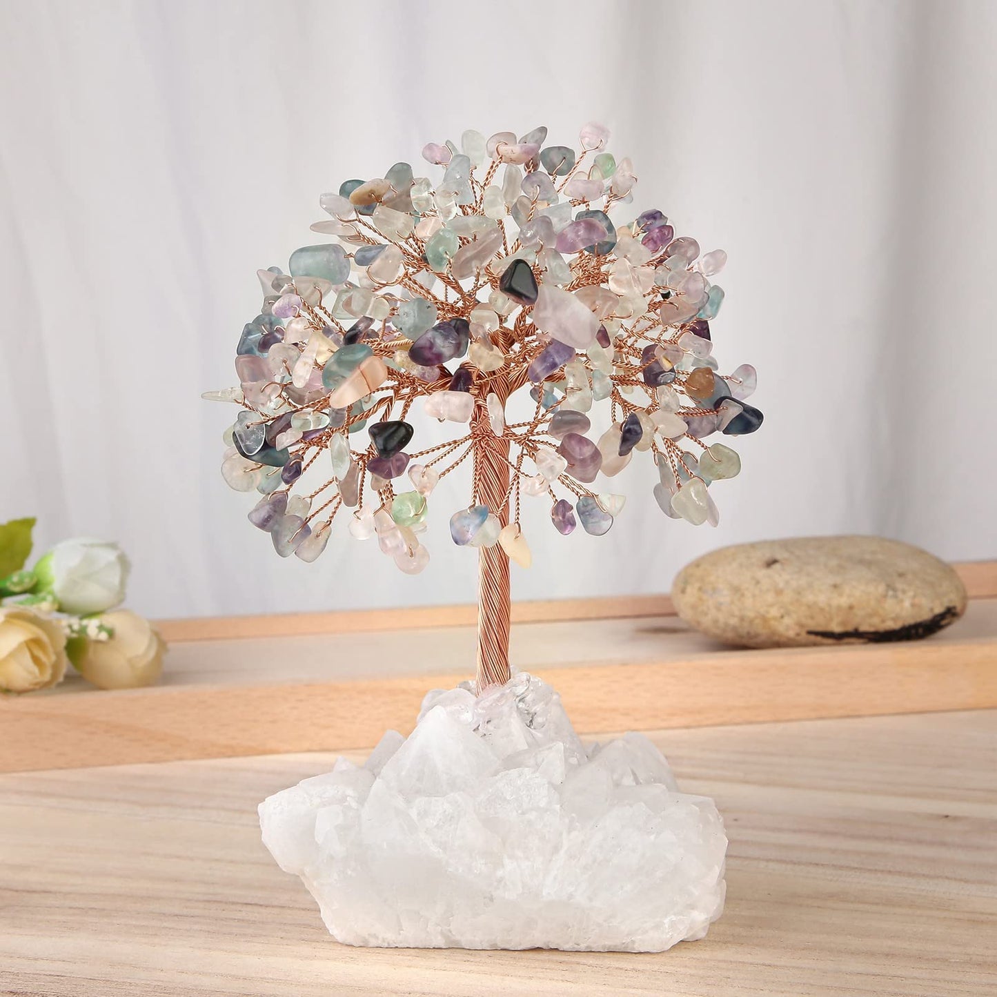 TUMBEELLUWA Crystal Chips Money Tree with Natural Rock Crystal Cluster Base Handmade Stones Figurine Bonsai Tree for Good Luck and Wealth, Fluorite