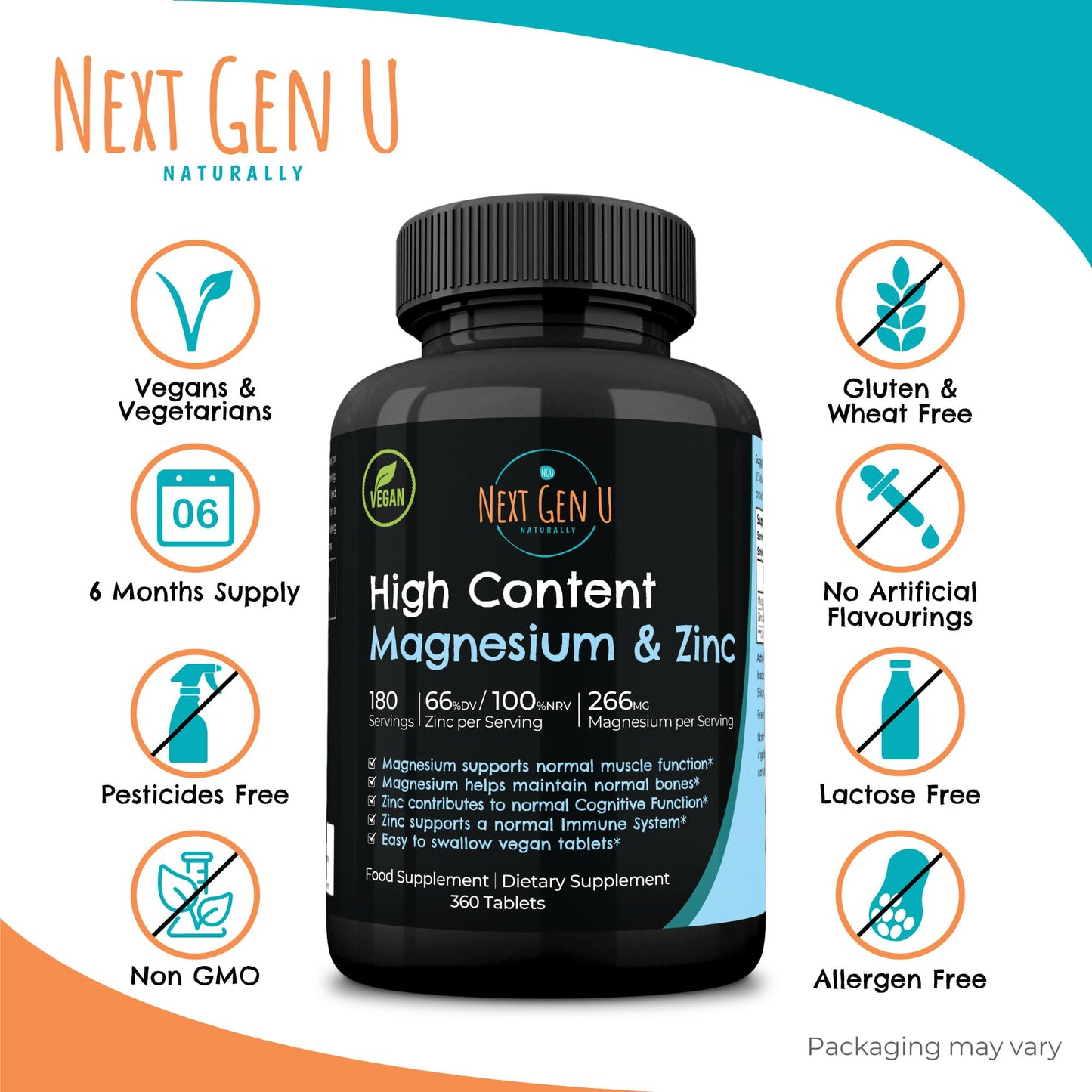 Magnesium & Zinc - Dietary Food Supplement - 360 Vegan Tablets, 266 mg Magnesium Oxide and 10 mg Zinc Gluconate Complex Blend - May Support Bone, Cognitive & Immune Health - by NextGenU