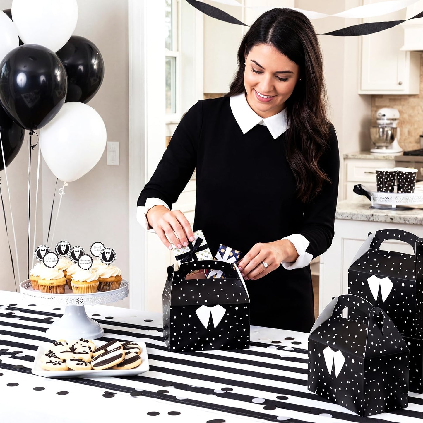 Gilprop 24 Pcs Gothic Party Favors Bulk Gothic Treat Box with Handles Black and White Birthday Party Favor Goodie Gift Boxes for Goth Spooky Themed Celebration Birthday Supplies