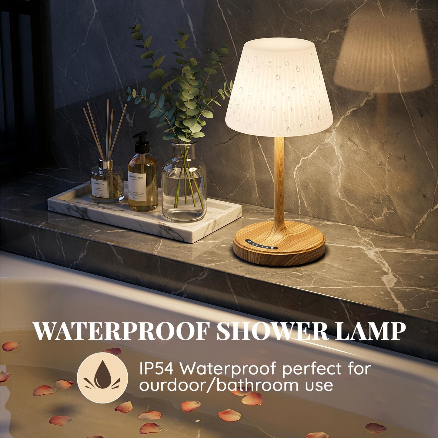 Shower Lamp Waterproof Bathroom Lamp for Inside Shower Bathtub, Rechargeable Cordless Table Lamp with 4000mah Battery, Touch Dimmable Light, Small Relaxing Spa Night Lamp for Bathroom, Kitchen, Desk