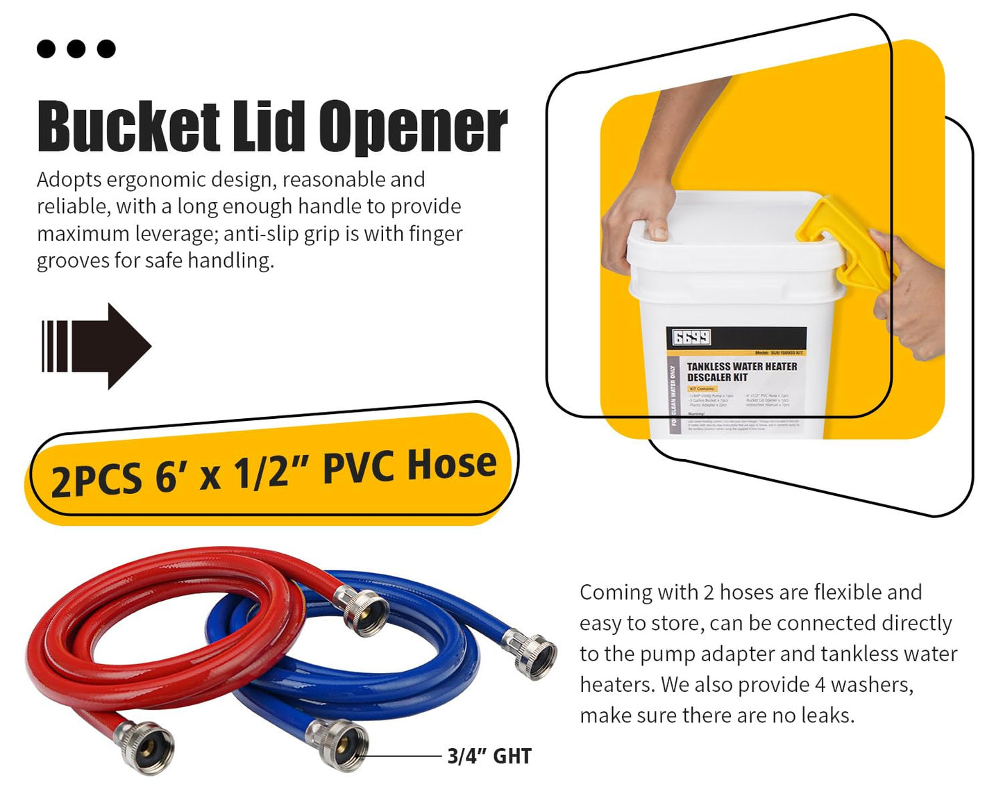 6699 Tankless Water Heater Flushing Kit Includes 1/4HP Stainless Steel Sump Pump with Two Adapters & 3 Gallons Pail with Bucket Lid Opener & Two 1/2” Dia X 6’ Hoses with Washers