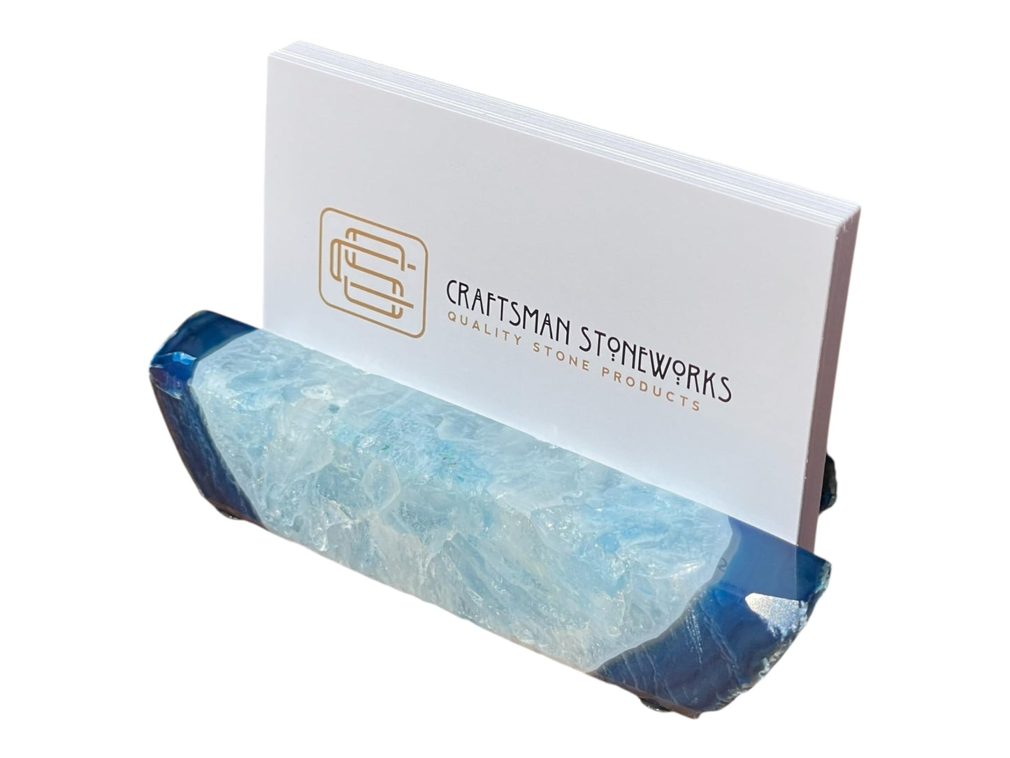 Craftsman Stoneworks Handcrafted Blue Agate Business Card Holder from Brazil - Elegant Desk Organizer and Display Stand for Women and Men - Unique Stone Art Piece (Blue)