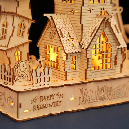 3D Wooden Halloween Haunted House Puzzles, Wood Creative Glow in The Dark Haunted House Puzzle, Assembly Model Building Kits to Build for Adults & Kids, Halloween Decor Model Kits