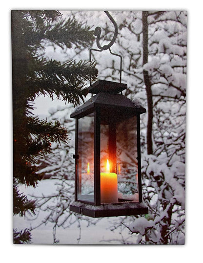 BANBERRY DESIGNS LED Wall Art - Winter Lantern Lighted Canvas - Light Up Snowy Scene With a Glowing Black Lantern - Light Up Canvas Print - Christmas Wall Art - Measures 11.75" x 15.75"