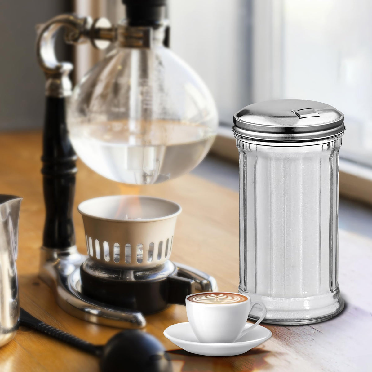 Great Credentials Retro Style Sugar Dispenser Pourer Shaker, Glass Jar with Stainless Steel Flap Lid, 12 oz, Set of 2