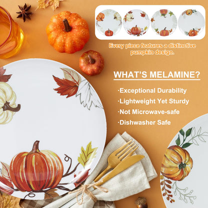 Webbylee 10 Inch Fall Pumpkin Plates for Thanksgiving, Set of 4 Durable Melamine Dinner Plates, Heavy Duty Dishwasher Safe & Shatter-Resistant Autumn Tableware for Holiday Parties