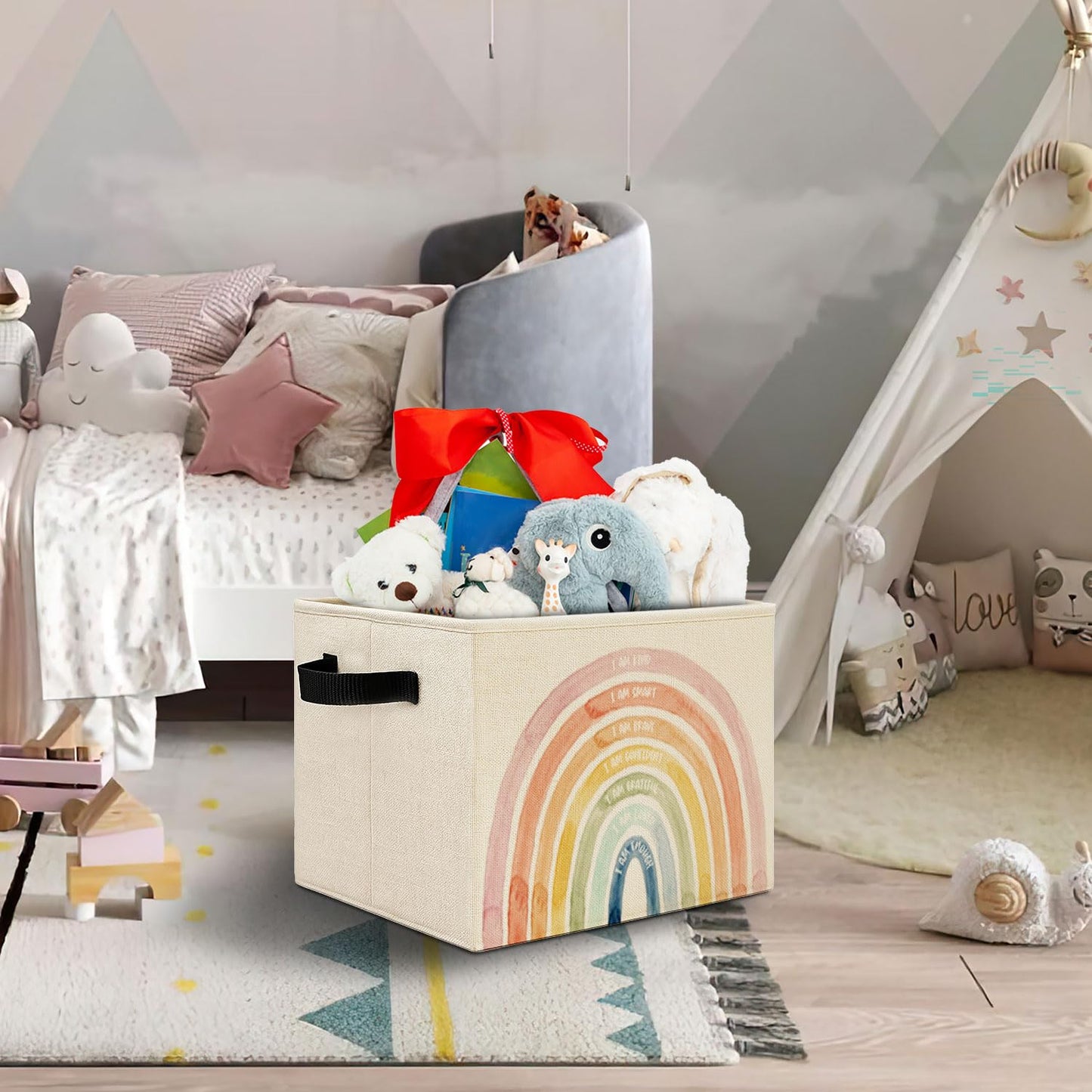 Elefeltclave Inspirational Boho Kids Storage Bins, Positive Affirmation Rainbow Collapsible Storage Basket Organizer for Kids Room Nursery Bathroom Clothes Toys Books, Toybox for Boys Girls
