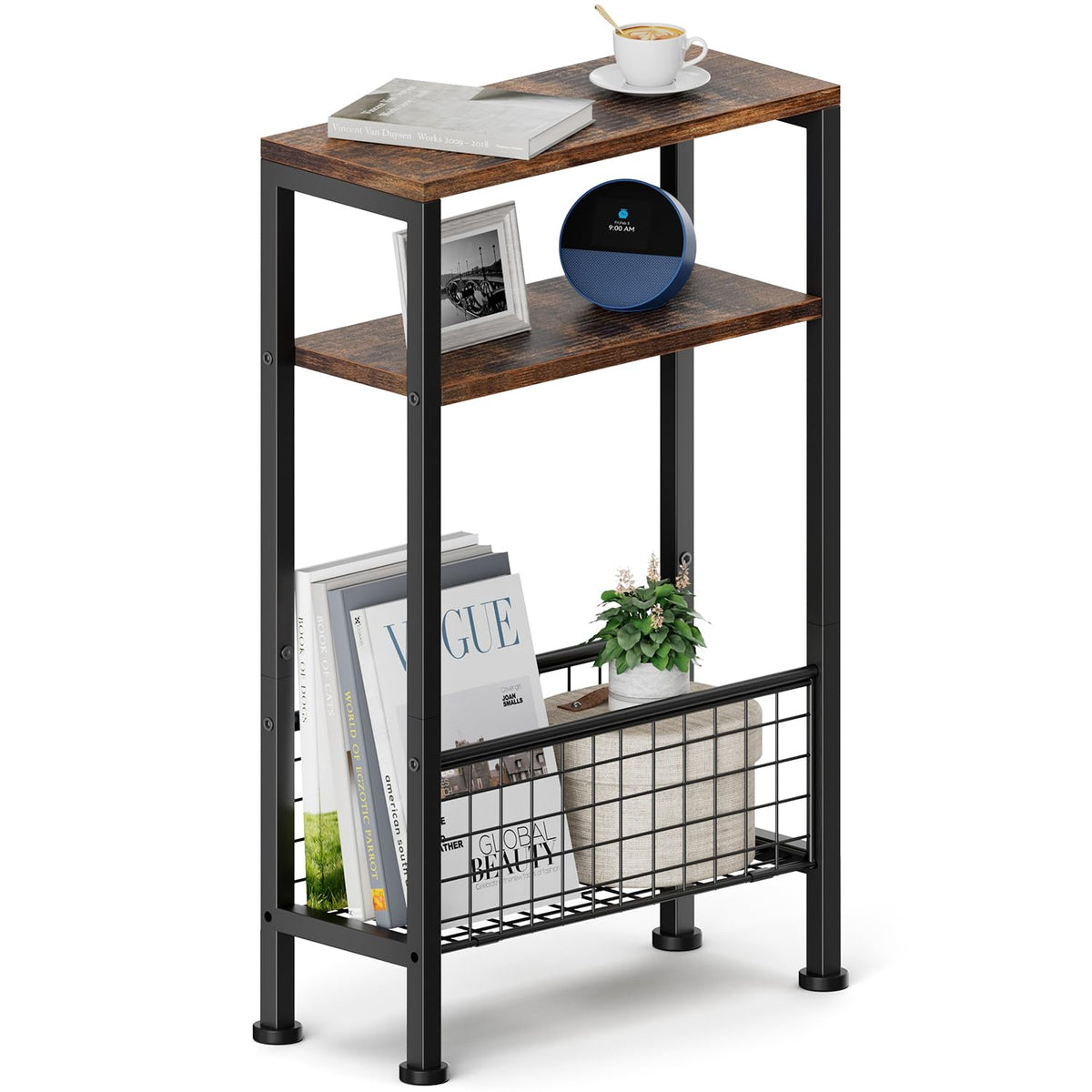 Karii Narrow Side Table, Skinny End Table for Small Spaces with Storage, 3-Tier Slim Wooden Bedside Nightstand Thin Couch Table for Living Room Bedroom Office Dorm Kitchen Bathroom (1, Rustic Brown)