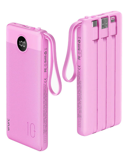 VRURC Portable Charger with Built in Cables, Slim Power Bank 10000mAh, USB C Battery Pack Travel Essential, 5 Outputs 2 Inputs Phone Charging Bank for iPhone 16 15 14 13,Samsung,Android-Black(1 Pack)
