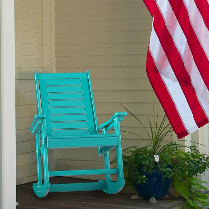 GREENVINES Outdoor Rocking Chairs | Set of 2 | Porch Rocker | HDPE Plastic | Aqua | Oversized Rockers | High Back | Big & Tall | Ladder Back | for Patio Outside Backyard Balcony Garden