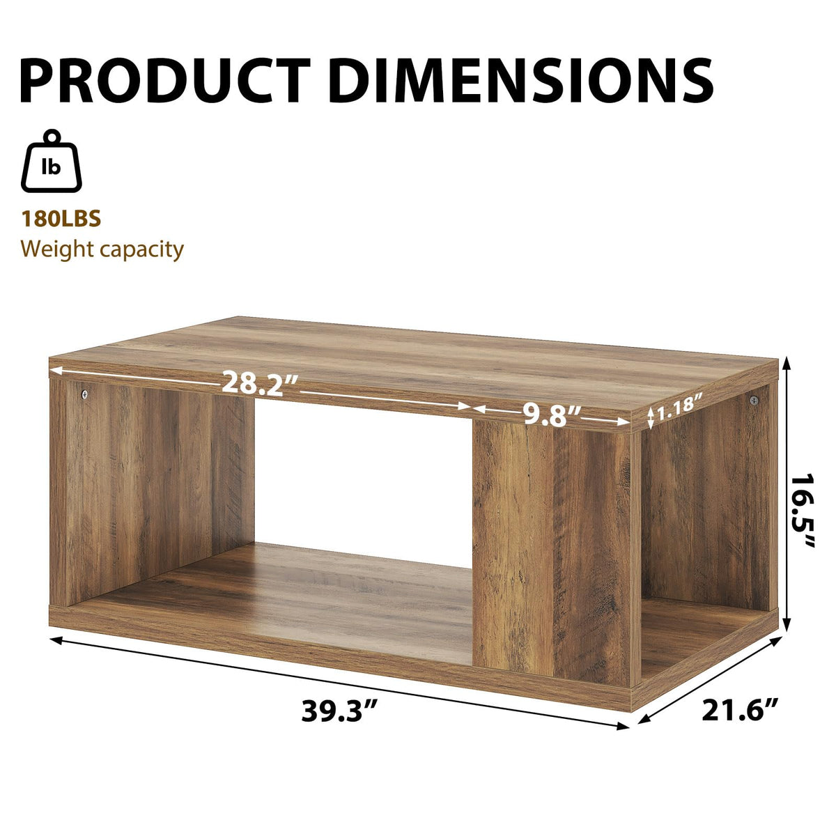 LVB Rustic Coffee Table with Storage, Modern Wood Coffee Tables for Living Room, Farmhouse Large Wooden Rectangle Center Table, Unique Wide Low Tea Table for Small Home Office, 39 inch, Rustic Oak