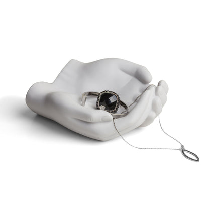 Danya B. CSK8076 Handle with Care Hands Holder, White Poly Resin Decorative Tray, Key Ring Jewelry Candle Trinket or Candy Dish, 5.25" W
