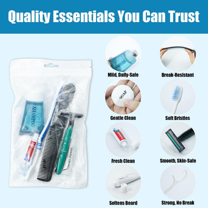 10 Pack Travel Hygiene Kits, 8-in-1 Personal Toiletry Kit -Toothbrush, Toothpaste, Comb, Flossers, Shampoo, Soap, Razor & Shaving Cream, Individually Packed for Travel, Guest Rooms,Vacation Rentals