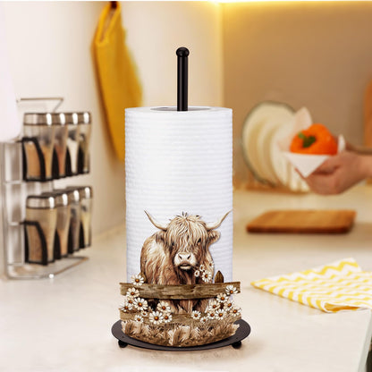 Shimeyao Highland Cow Metal Paper Towel Holder Farmhouse Highland Cow Kitchen Decor Accessories Large Metal Towel Holder Stand for Kitchen Bathroom Home(Rustic)