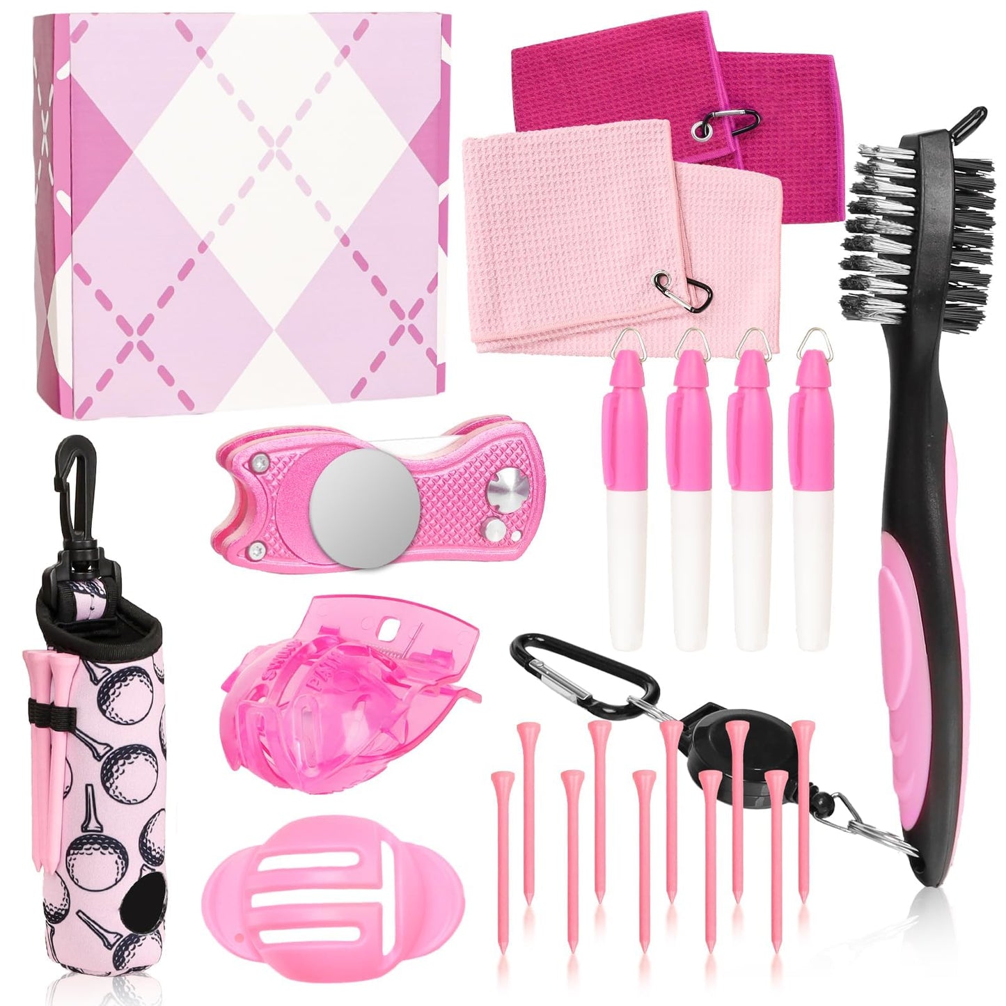 21 PCS Pink Golf Accessories Kit Golf Club Cleaning Kit Club Groove Cleaner Brush Divot Repair Tool Golf Towel with Clip Ball Bag with Hook Golf Ball Alignment Kit Marking Pen Golf Gift Set Women Men