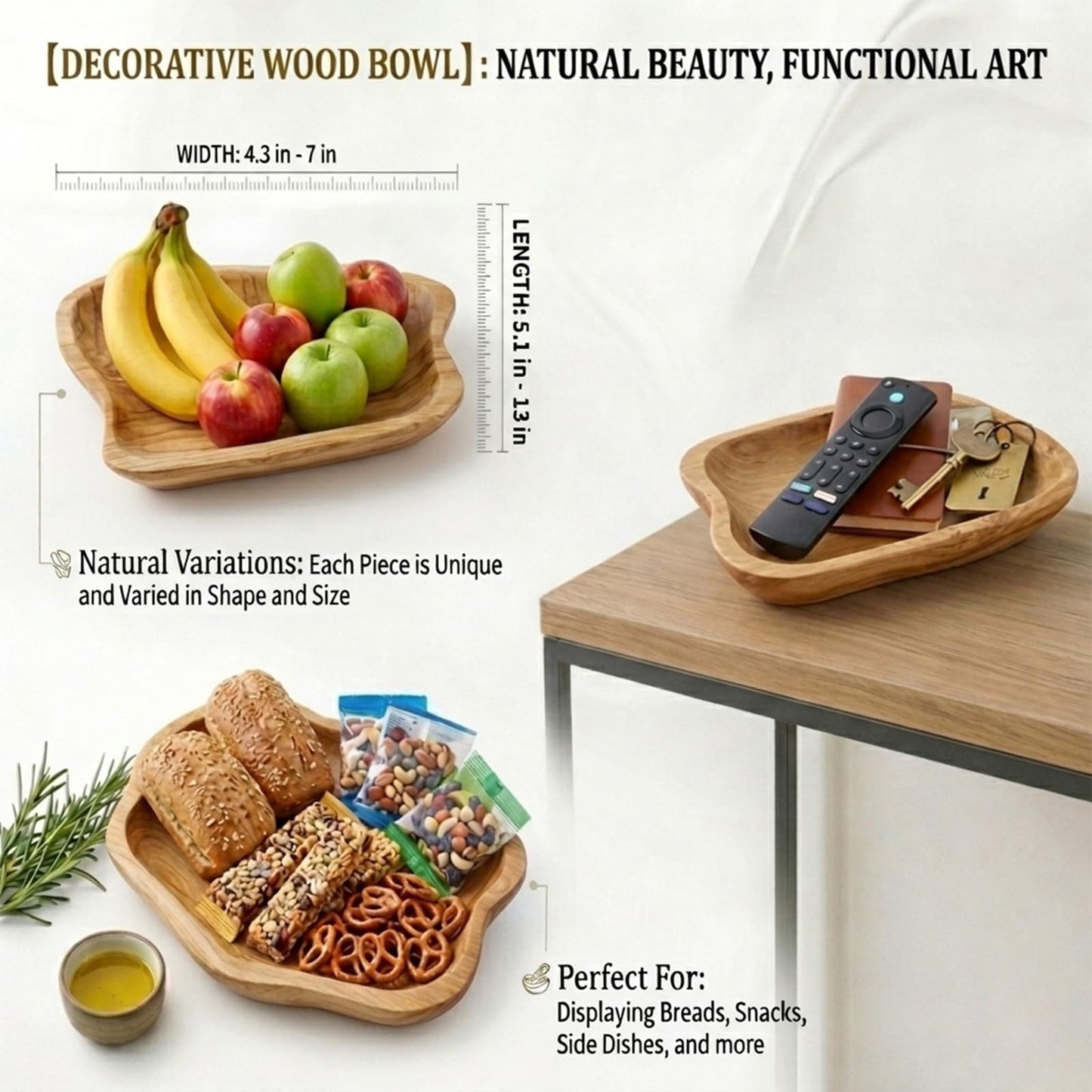 BTEOBFY Natural Wood Fruit Bowl 11-13 inch, Unique Handmade Wood Serving Platter, Wood Fruit Snack Dish for Sandwich Bread Serving, Appetizer Display, Vintage Ring Dish, Hand Carved Artworks