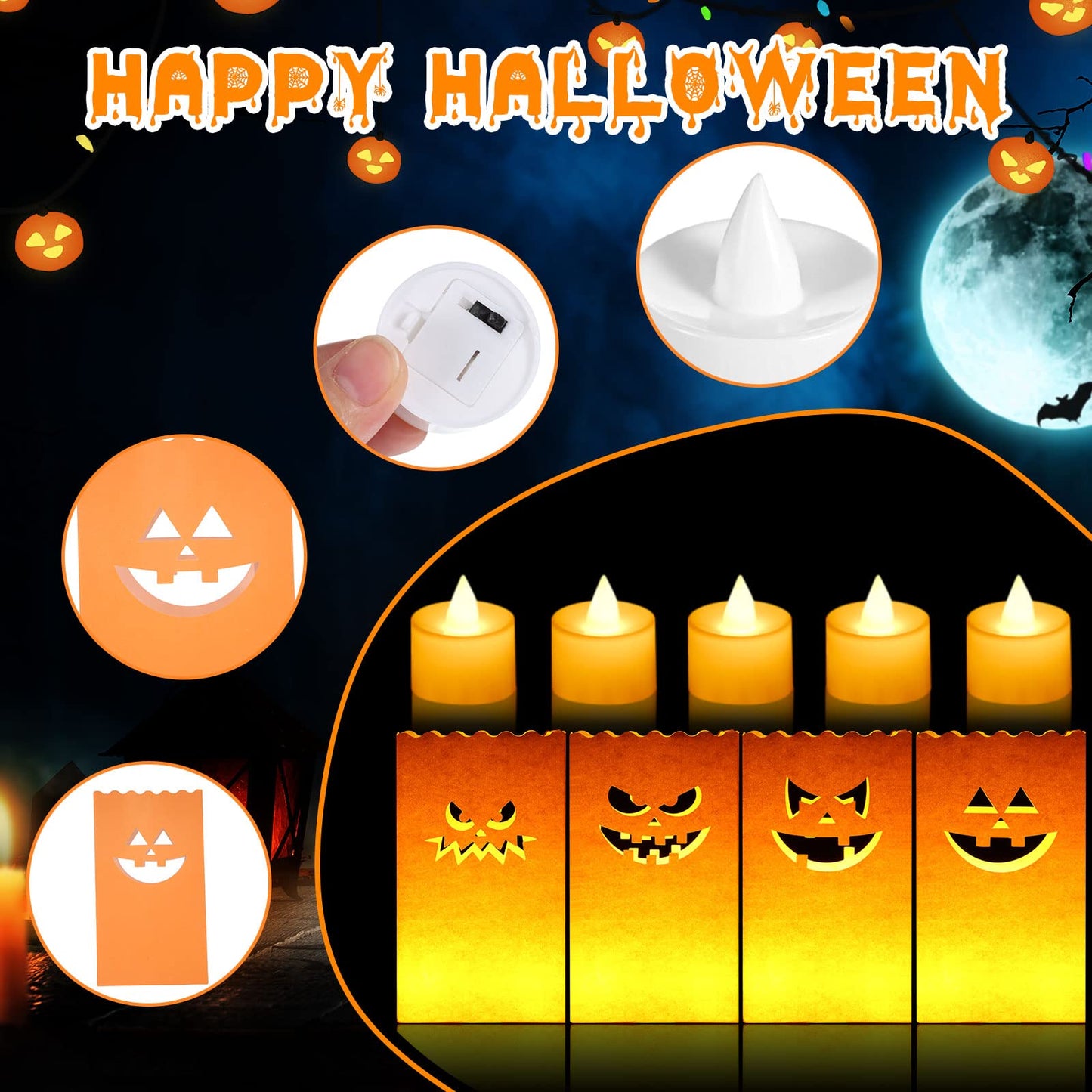 Meanplan 48 Pcs Halloween Luminary Bags with LED Light Candles Set 24 Pcs Luminary Candle Bags 24 Pcs LED Tealight Candles Ghost Lantern Bags for Halloween Outdoor Indoor Patio Decorations (Classic)
