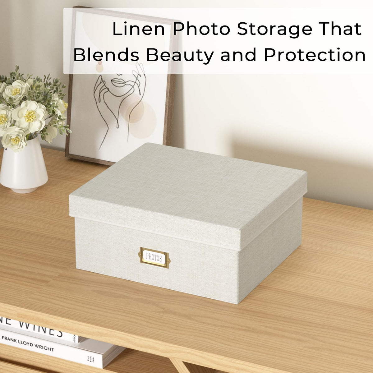 Decorative Photo Storage Box - Linen Photo Box Organizer with Dividers, Fits Holds Up to 1700 Pictures and 4x6 Photos, Memory Keepsake Organizer for Photos, Scrapbook Supplies, Cards, Stamps (Beige)