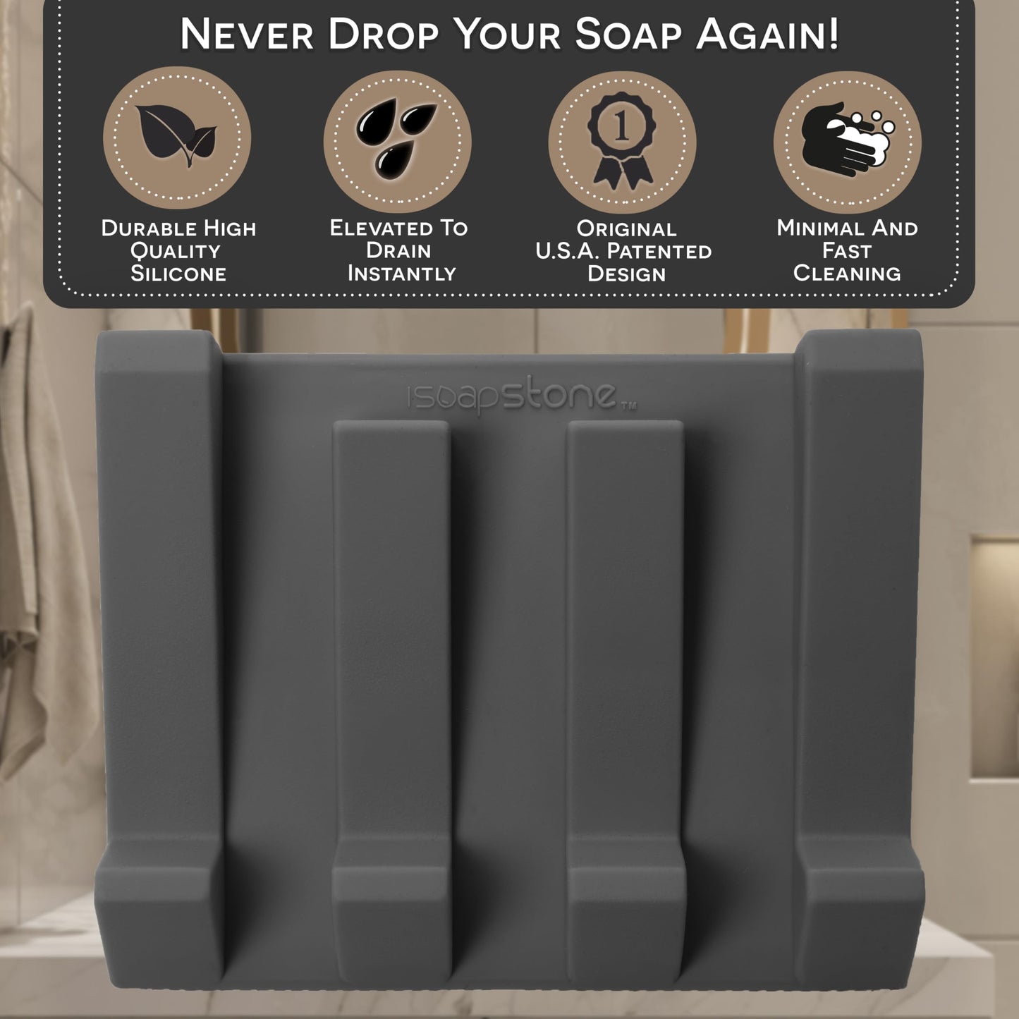 iSoapStone Silicone Soap Dish (USA Patented) Self Draining Bar Soap Holder for Shower Bathroom Sink, Drying Soap Dish Tray Kitchen Sponge Holder Easy Cleaning Soap Saver Mat (Dark Grey, 1)