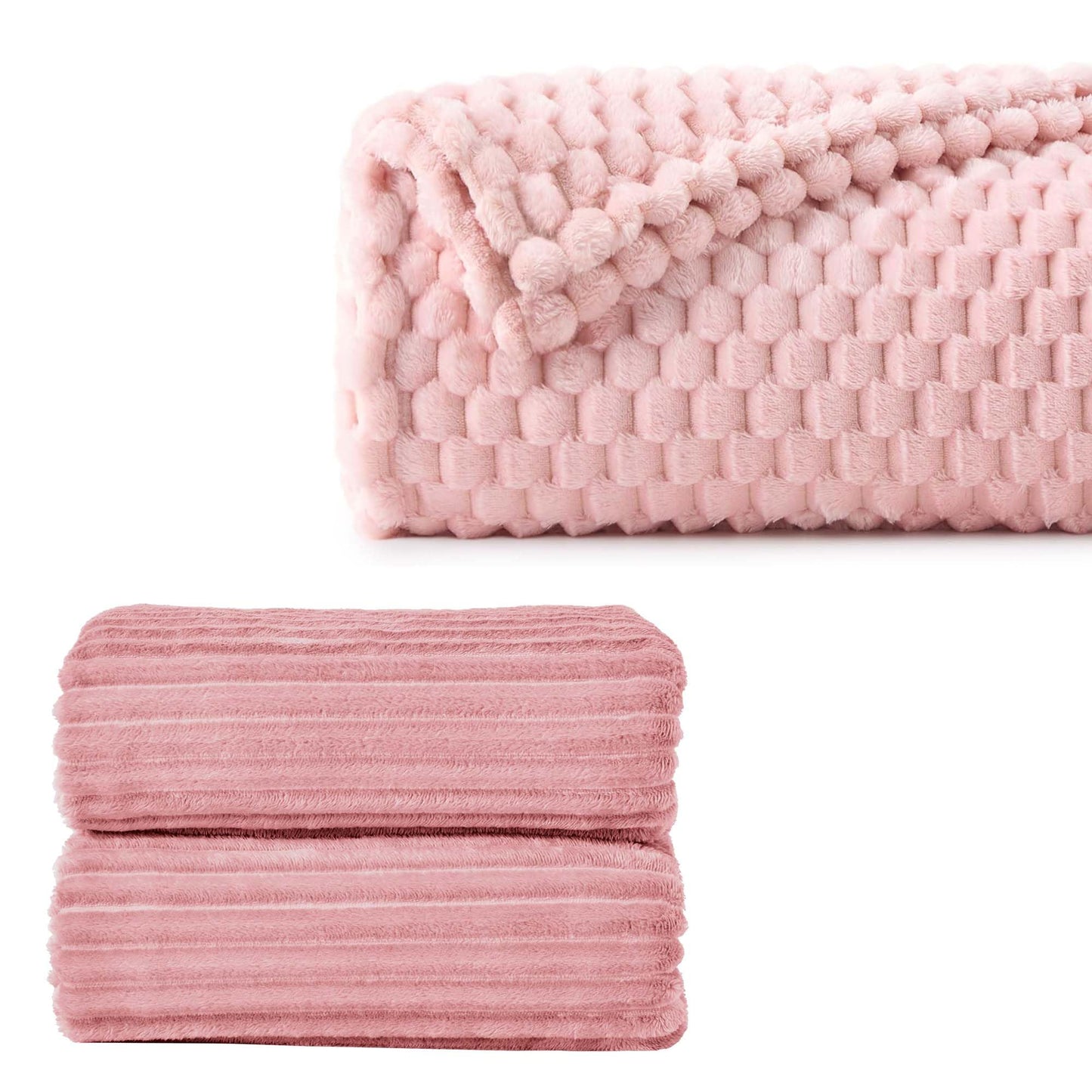 BEDELITE 2 Pieces 3D Ribbed Jacquard Soft and Warm Decorative Fuzzy Blankets, Pink, 50x60IN