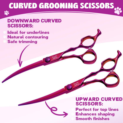JASON Purple 6 in 1 Dog Grooming Scissors Set - Professional Thinner Set - 7" Thinning, Straight, Up-Curved, Down-Curved Scissors and Comb for Dog Cat Pet with Adjustable Screw