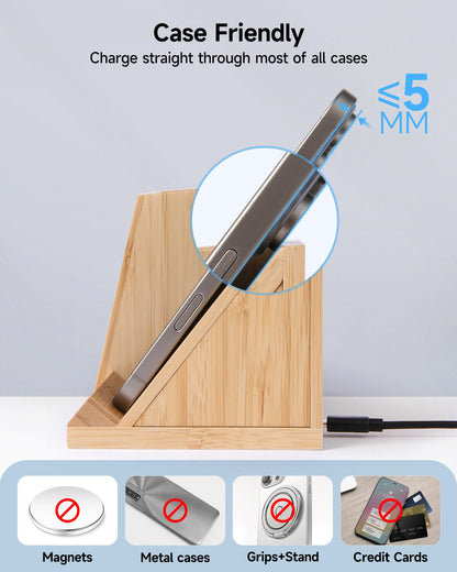 Bamboo Pen Holder for Desk & Nightstand Organizer with Fast Wireless Charging for iPhone, Samsung & More – Office Desk Accessories for Men/Women (Bamboo)