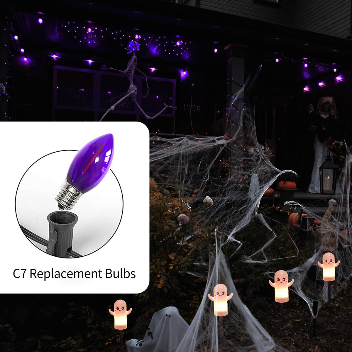 CHYParty 12 Pack C7 LED Replacement Bulbs, Purple Christmas Light Bulbs for Outdoor String Lights, Patio, Xmas Tree, Halloween Decor, E12 Candelabra Base, Waterproof, Dimmable