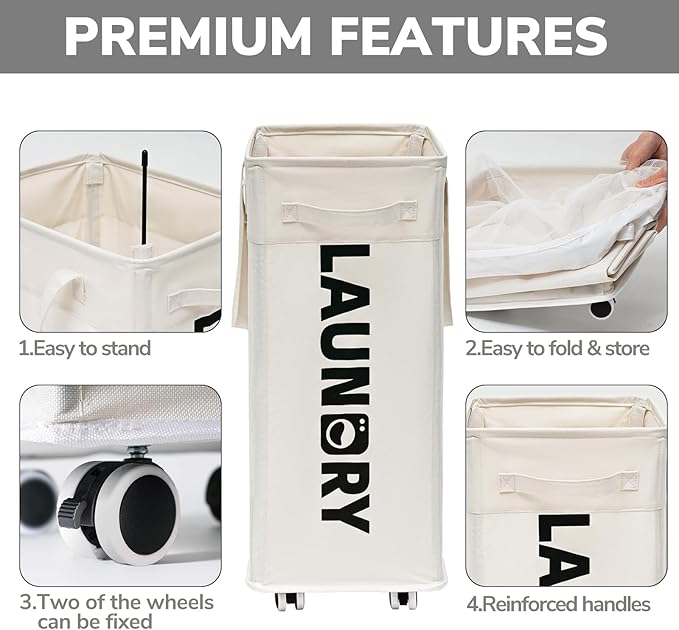 Goodpick Laundry Baskets with Wheels and Handle, Clothes Laundry Basket with