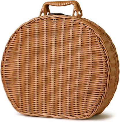 Vintage Rattan Basket, Round Woven Picnic Basket Purse with Handle Small Suitcase Retro Weaving Vine Weaving Carrying Case Gift Box for Beach, Travel & Daily Use. (M)