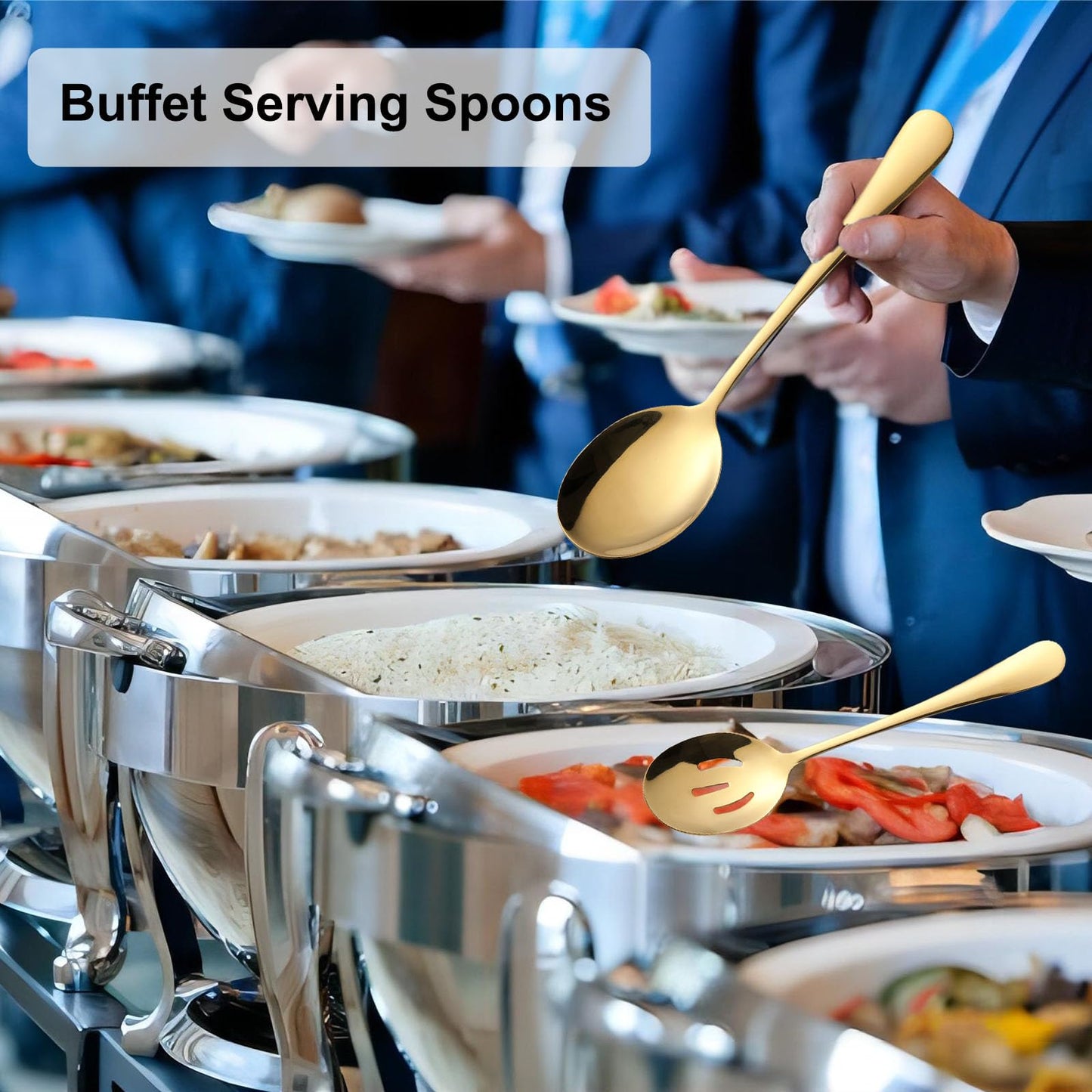 6 Pieces Serving Spoons Set, 8.7 Inch Serving Spoon, Includes 3 Server Spoon and 3 Slotted Spoons, Stainless Steel Buffet Banquet Large Utensils Cutlery Set for Kitchen, Gold