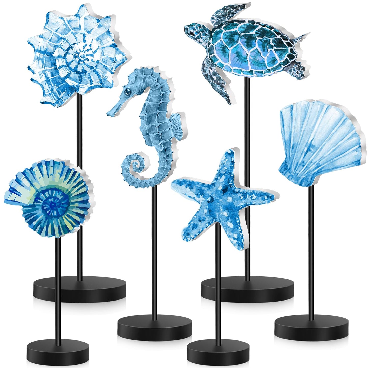 Wenqik 6 Pcs Summer Ocean Wood Table Sign Standing Wooden Starfish Sea Turtle Seashell Shell Tabletop Home Decor Rustic Wooden Tabletop Centerpiece Standing Block Decorations for Farmhouse Kitchen