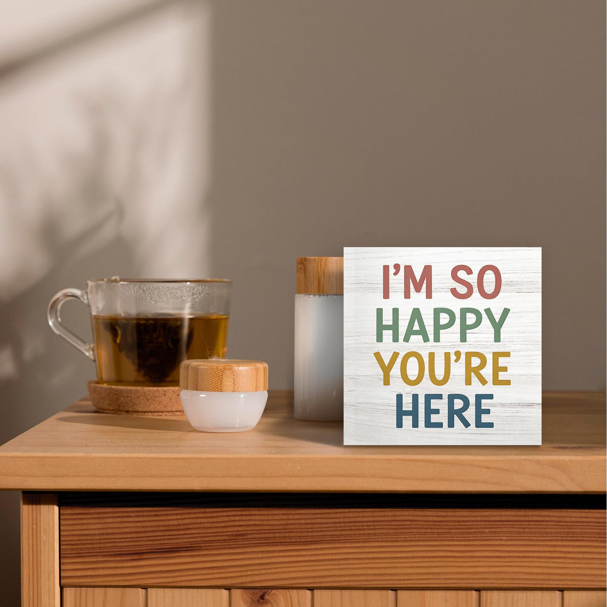 Luipk Boho Classroom Wood Box Sign Desk Decor 5X5, I'm So Happy You're Here Wooden Block Sign Decorations for Kids Nursery Room Bedroom Playroom Classroom Desk Table Wall Tabletop Shelf Decor