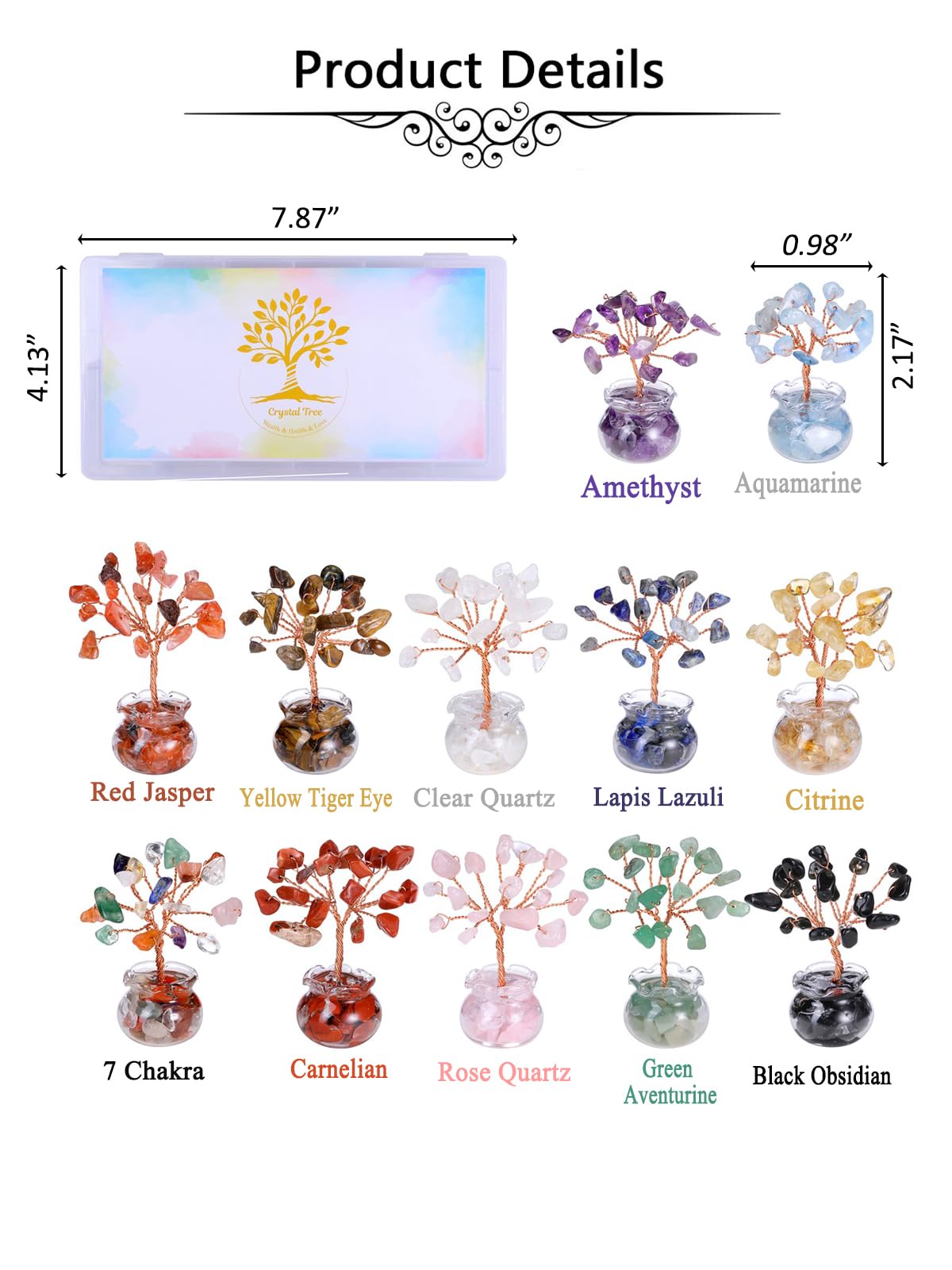 Jovivi 12pcs Chakra Crystal Tree Set Tree of Life Gemstone Money Trees with Glass Base,Natural Healing Crystals and Stones for Positive Energy Good Luck Home Office Decor for Women Mom Birthday Gifts