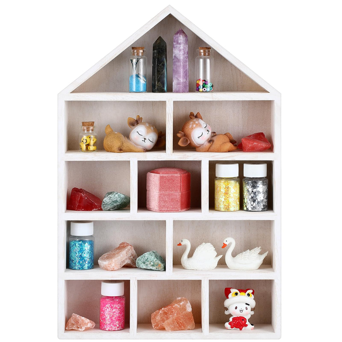 Threehoney House Shaped Wooden Shadow Cubby Box 10 W x 2 1/4 D x 15 H Hanging Display Shelf Organizer Wall Mounted Curio Cabinet Wooden Display Case Miniature Shelf for Figures(Wood Color)