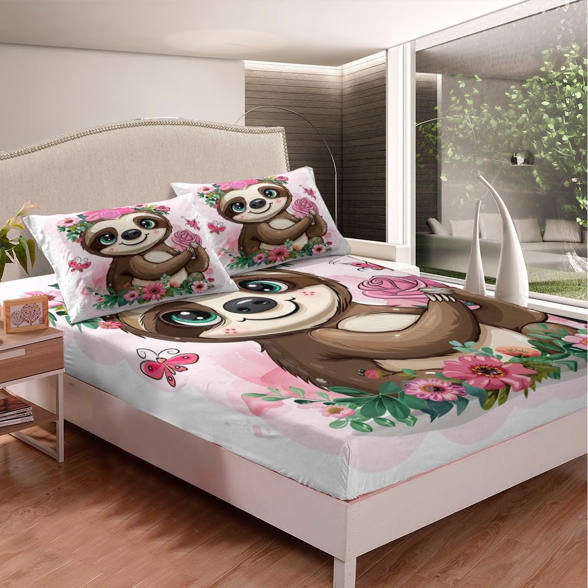 Feelyou Girls Sloth Bed Sheet Set for Kids Children Cute Animal Pattern Fitted Sheet Rose Floral Flowers Bedding Set Cartoon Sloth Butterfly Bed Cover Room Decor Twin Size