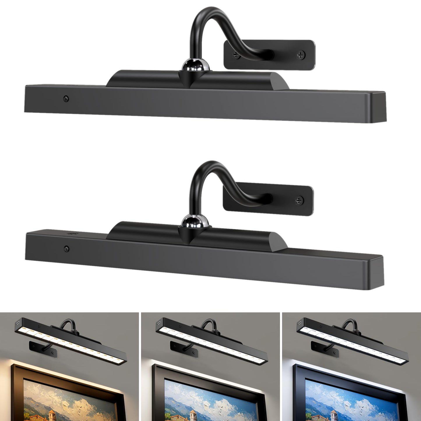 Craftersmark Wireless Picture Lights 12", 4400mAh Battery Powered Cordless Wall Lights, 2Pack Dimmable Remote Timer for Painting Artwork Living Room (Black)