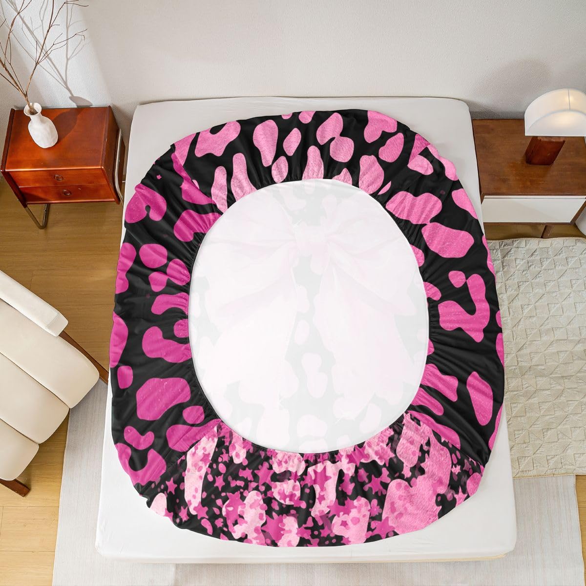 jejeloiu Pink Bowknot Fitted Sheet with 1 Pillowcase Twin Size Cute Leopard Bow Bed Sheets Set 16" Deep Pocket Boys Girls Glitter Bow Bedding Teens Bedroom Decor Breathable Soft Lightweight Microfiber