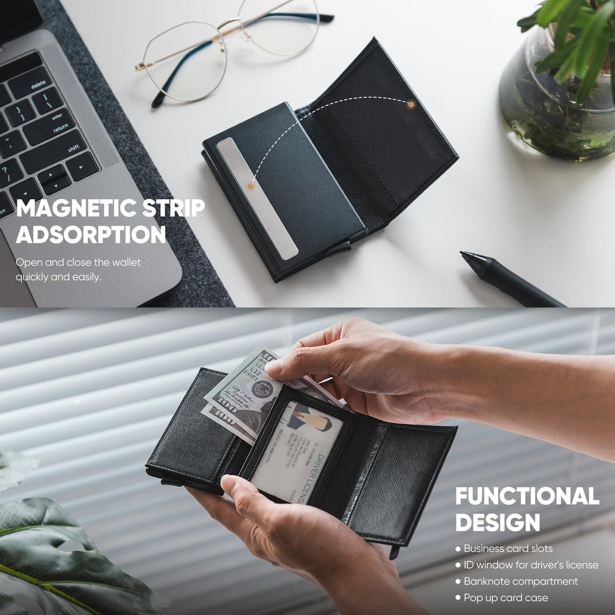 VULKIT Pop up Wallet Minimalist Cash Wallets RFID Blocking Leather Smart Credit Card Holder with Magnetic Closure for Men (Cross Black)
