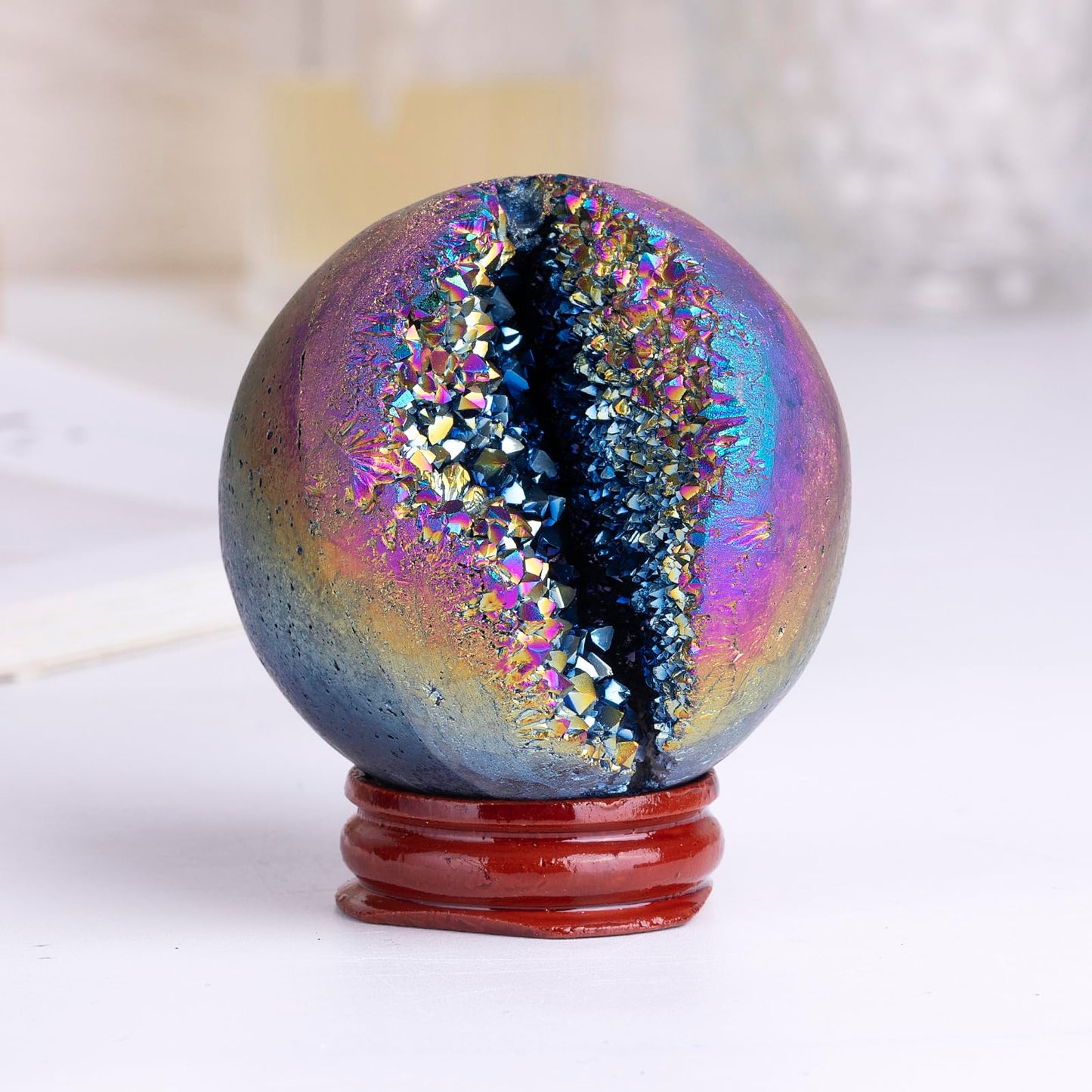 Nupuyai 51-60mm Rainbow Natural Titanium Coated Crystal Ball with Wood Stand, Opening Geode Cluster Stone Sphere Orb Specimen Energy Cave for Home Decoration Feng Shui Divination