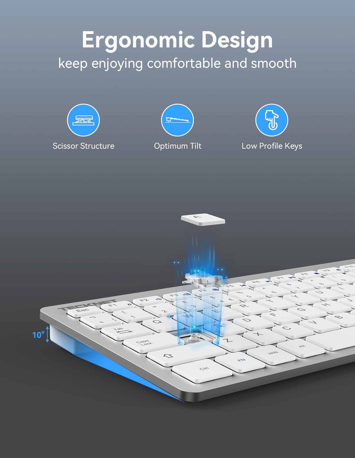 TECKNET 2.4G Wireless Keyboard, Small Keyboards with Media Hotkeys, Ultra Slim Compact Wireless Keyboard, 12-Month Battery Life, Compatible with PC, Desktop, Laptop, Smart TV - Silver