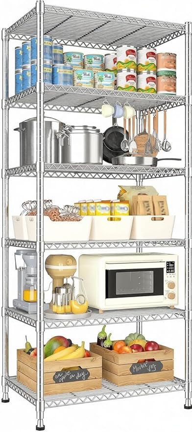Xcity Storage Shelves, 6 Tier Heavy Duty Metal Shelving Unit, 2400 LBS Capacity Adjustable Steel Wire Shelf Organizer for Pantry, Kitchen, Garage, 14" D x 30" W x 70" H, Chrome