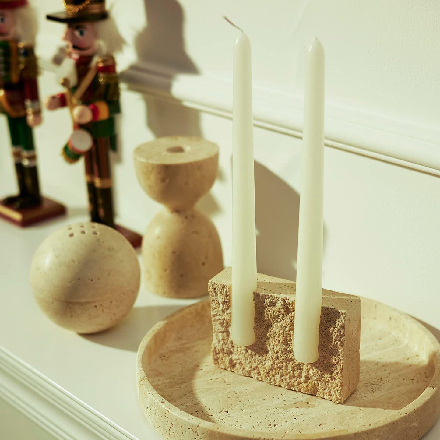 Marble Taper Candle Holder,Travertine Stone Candlestick Holder, Beige